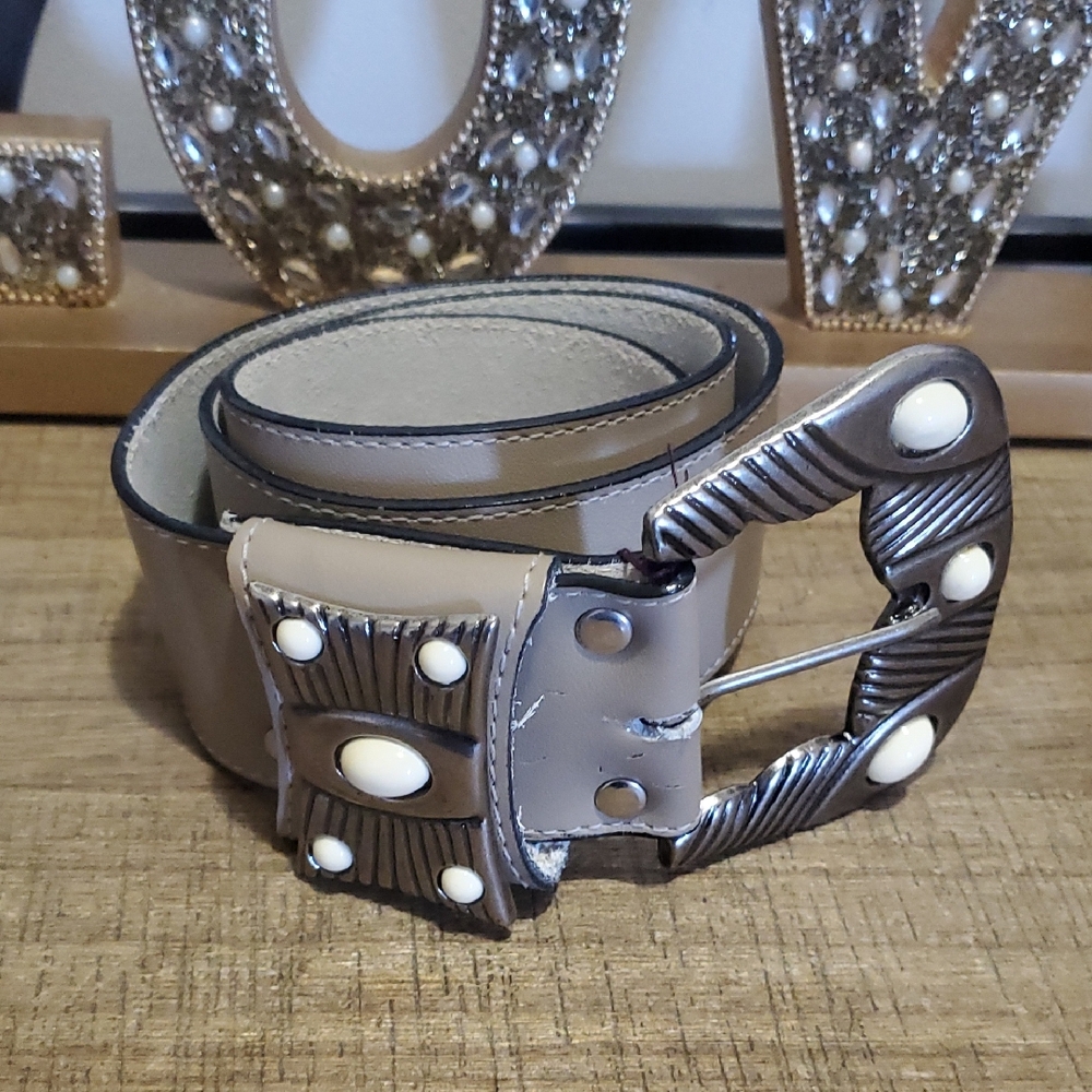 Vintage Karen Kane Western Boho Leather Belt Large Unique Silver Buckle Sz S